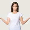 Young,Funny,Woman,Wearing,White,T-shirt,Stretched,Hands,Feels,Confused